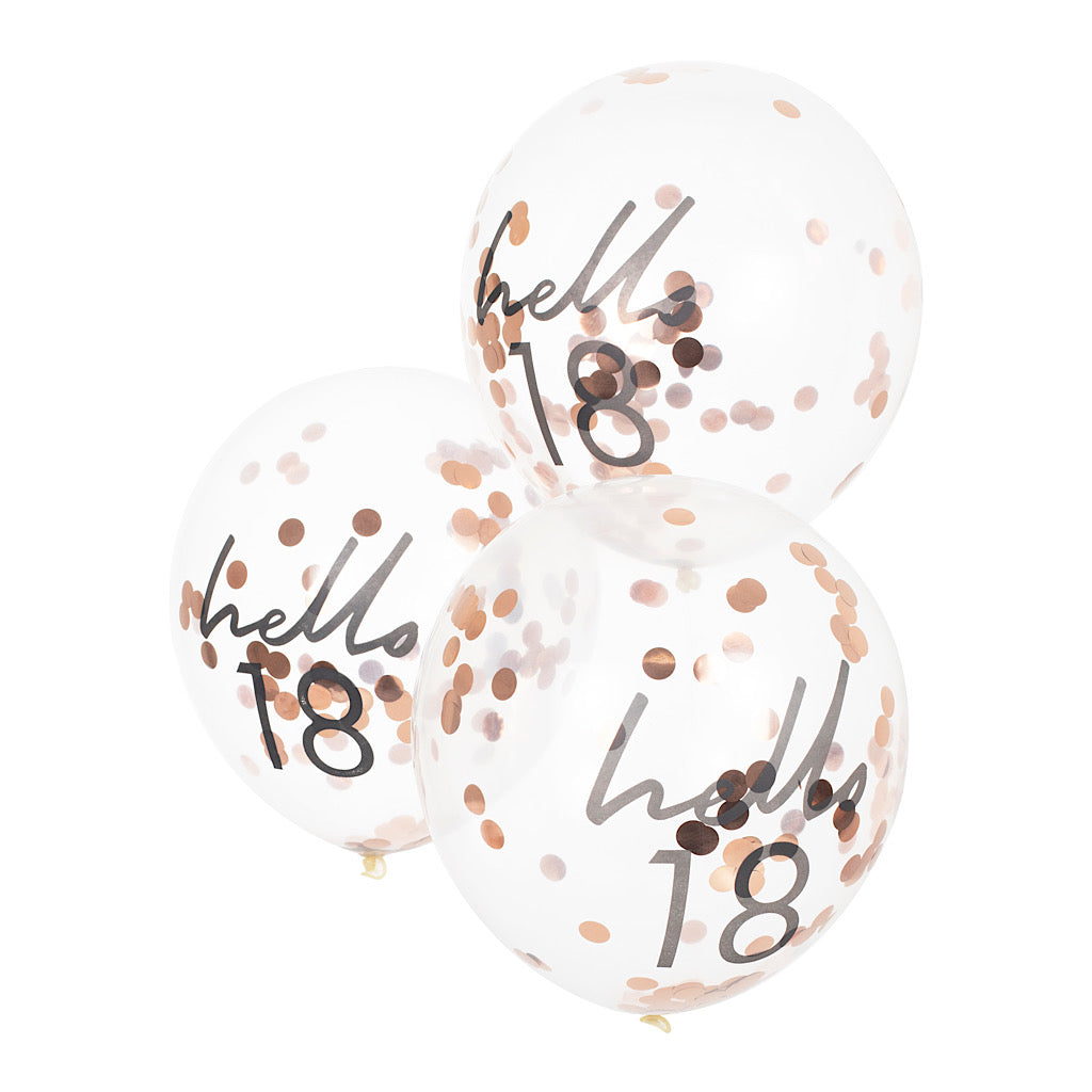 Hello 18 printed balloon filled with rose gold confetti