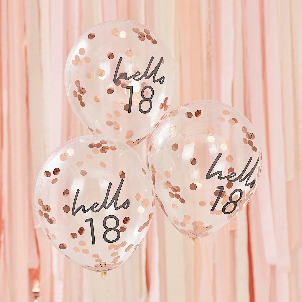 Hello 18 printed balloon filled with rose gold confetti
