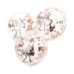 Hello 21 printed balloon filled with rose gold confetti
