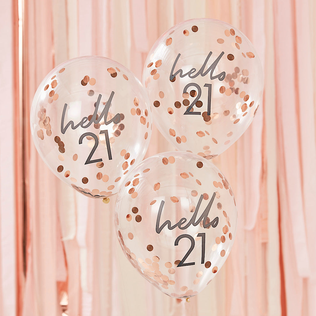 Hello 21 printed balloon filled with rose gold confetti