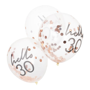 Hello 30 printed balloon filled with rose gold confetti
