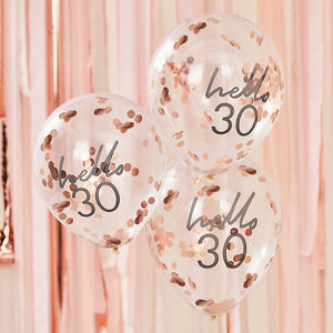 Hello 30 printed balloon filled with rose gold confetti