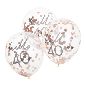 Hello 40 printed balloon filled with rose gold confetti