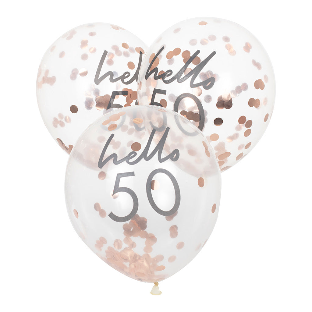 Hello 50 printed balloon filled with rose gold confetti
