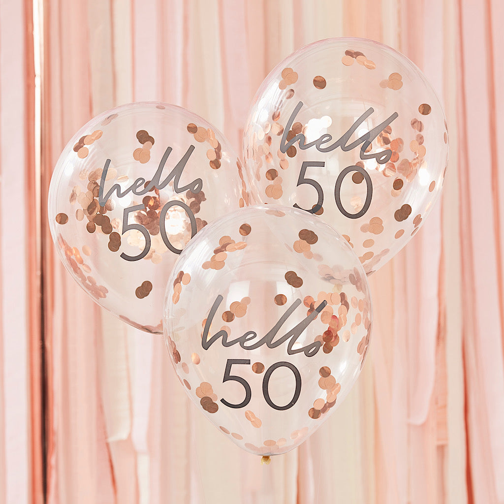 Hello 50 printed balloon filled with rose gold confetti