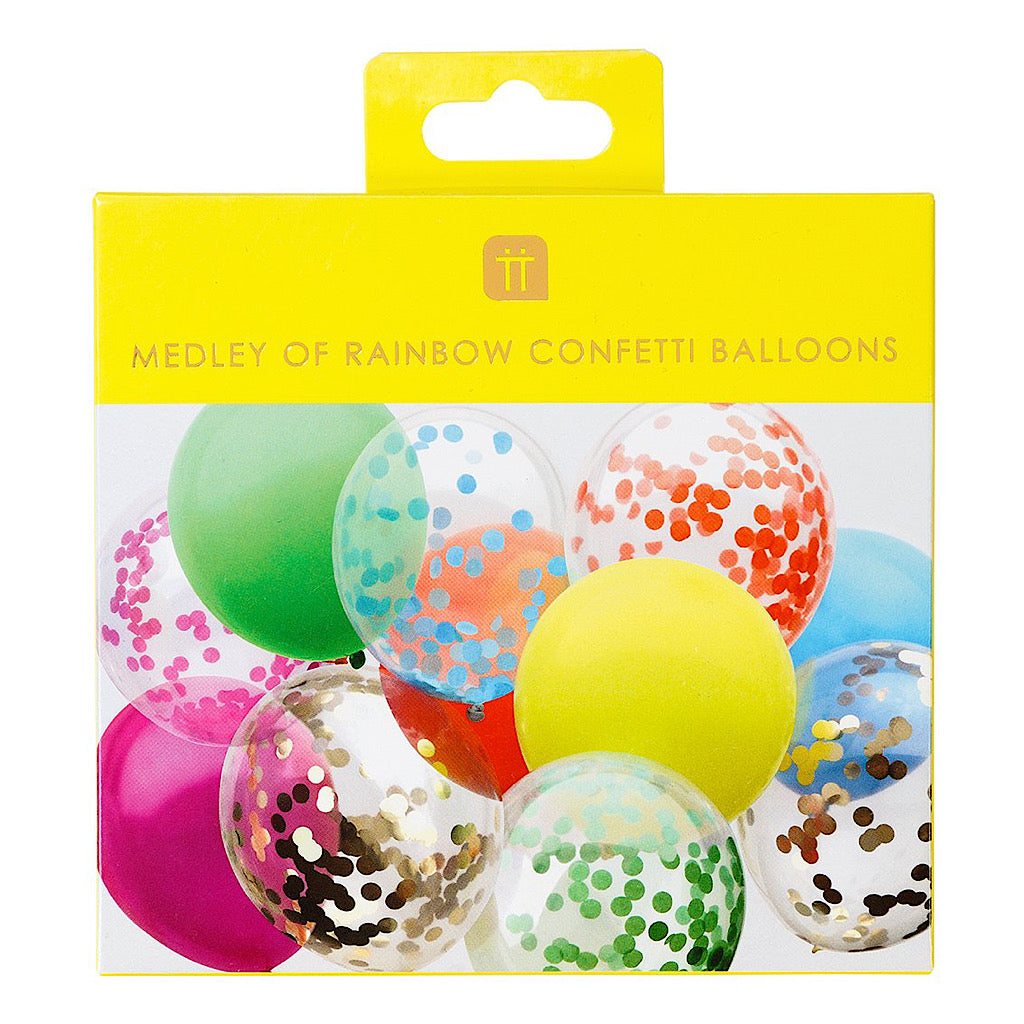 twelve assorted rainbow confetti filled balloons