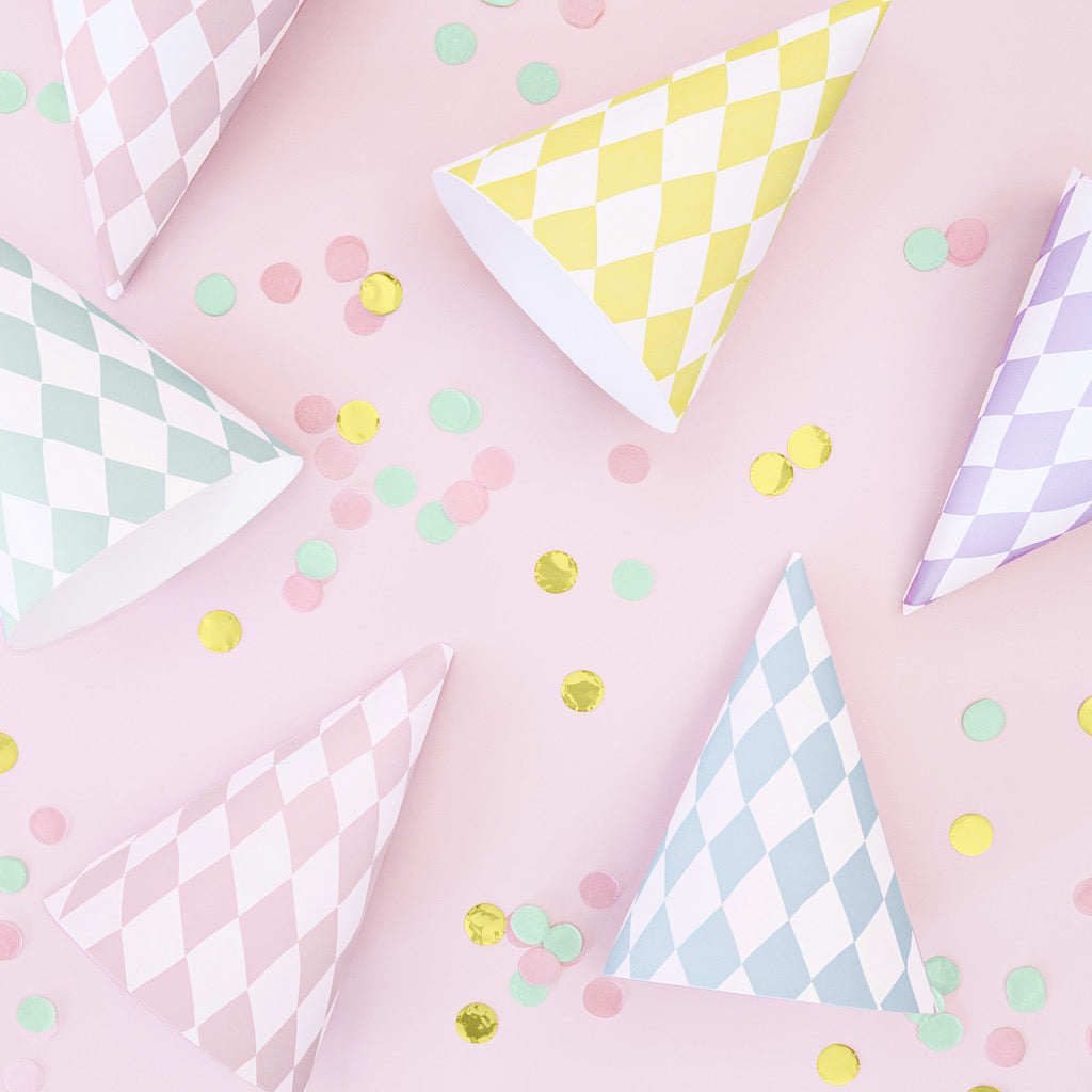 La di dah London checked pink, yellow and blue patterned party hats. Children's party hats for boys and girls.