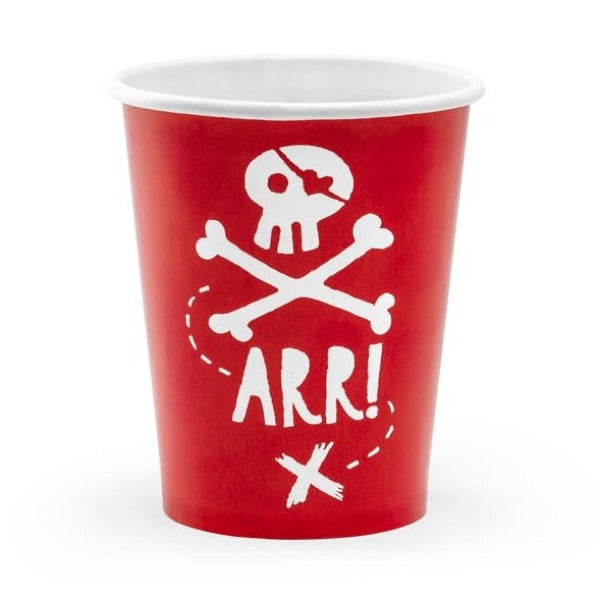 Red and white square pirate themed party paper plates. 