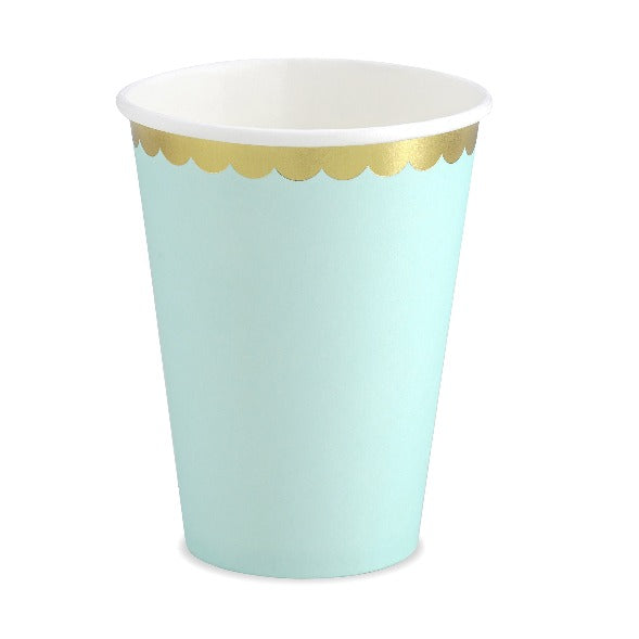 Mint green paper party plate with gold scalloped edge.