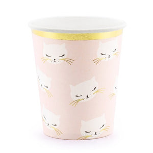Pink cat themed paper party cup with gold foil detail.