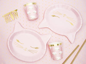 Pink cat plates and cups with gold cat illustration. Children's birthday party decorations. Girls cat party.