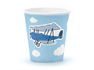 party cups in light blue and white with vintage aeroplane illustration with white clouds for aeroplane themed birthday party for girls and boys party or birthday parties from la di dah