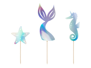iridescent star, mermaid tail and seahorse cake toppers for mermaid themed birthday party for girls and boys party or birthday parties from la di dah