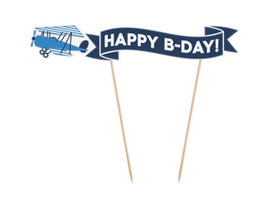 vintage aeroplane happy b day banner cake topper in blue and white for aeroplane themed birthday party for girls and boys party or birthday parties from la di dah