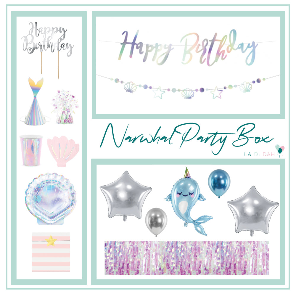 Narwhal party box contains one narwhal shaped light blue foil balloon, two silver foil helium star balloons, 1 iridescent balloon weight, iridescent happy birthday banner and shell and star banner, iridescent cut out fish tail shaped party hats, pink paper shell shaped napkins, iridescent shell shaped plates, iridescent cups, pink and white strip party bags, silver happy birthday cake topper, iridescent curtain, six mixed blue and silver glossy latex balloons