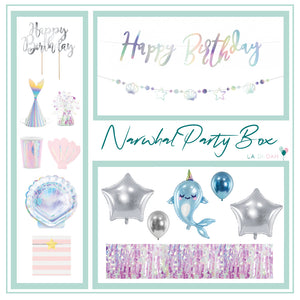 Narwhal party box contains one narwhal shaped light blue foil balloon, two silver foil helium star balloons, 1 iridescent balloon weight, iridescent happy birthday banner and shell and star banner, iridescent cut out fish tail shaped party hats, pink paper shell shaped napkins, iridescent shell shaped plates, iridescent cups, pink and white strip party bags, silver happy birthday cake topper, iridescent curtain, six mixed blue and silver glossy latex balloons