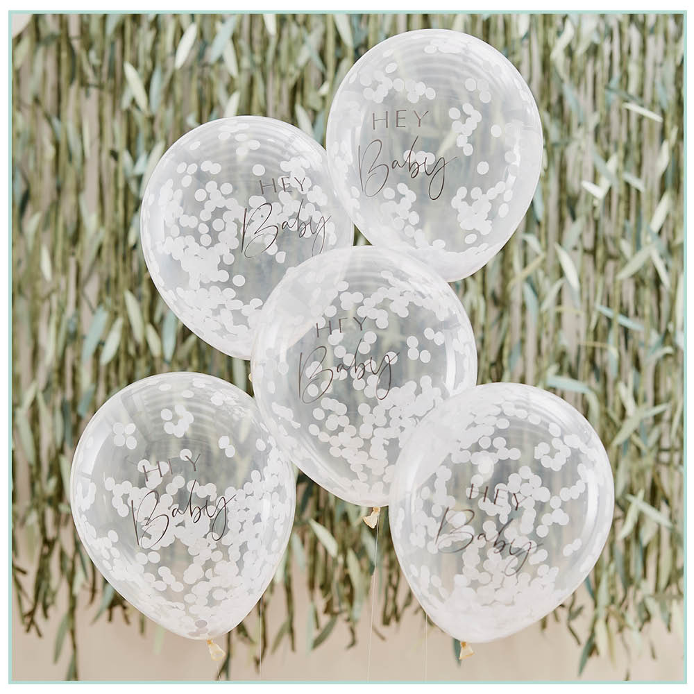 White hey baby confetti balloons.