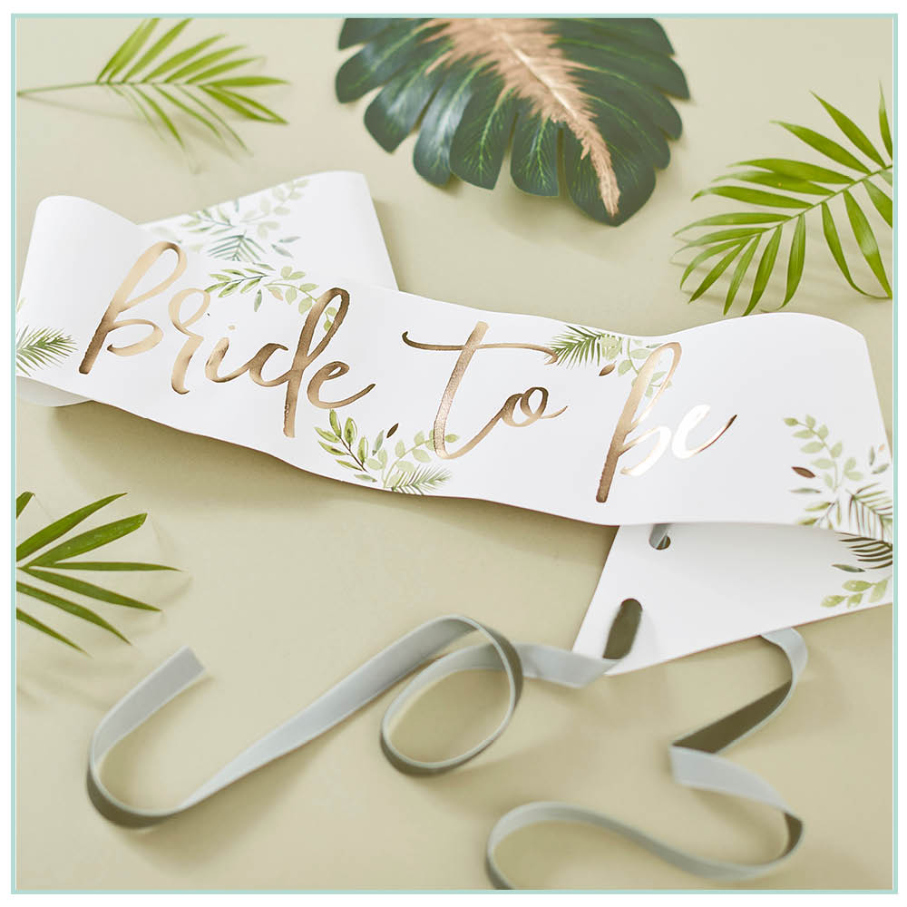 Bride to be white sash and gold foil writing with botanical green motif and green velvet ribbon 