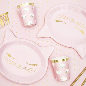 Pink cat shaped paper plate with gold foil detail.