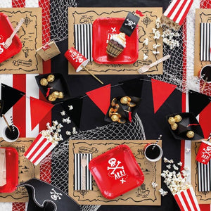 Red and white square pirate themed paper plates. Red and white pirate themed party paper cups.