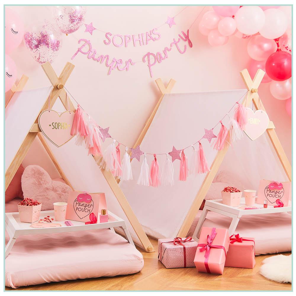 Pink and gold pamper party late night snack box.