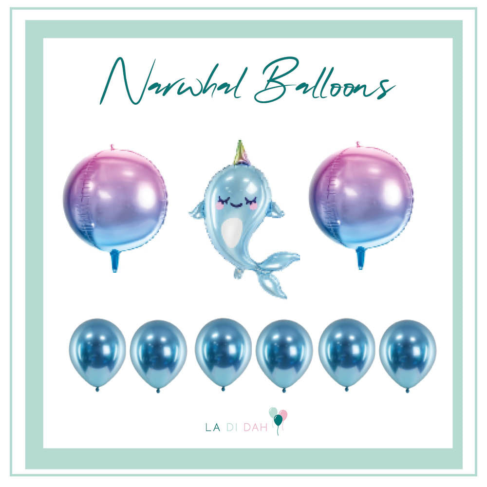 one Narwhal helium foil balloon bundle with two ombre purple and blue round foil helium balloons  with six blue glossy latex balloons