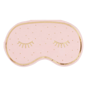 Pale pink eye mask shape napkins with gold eyelash design.