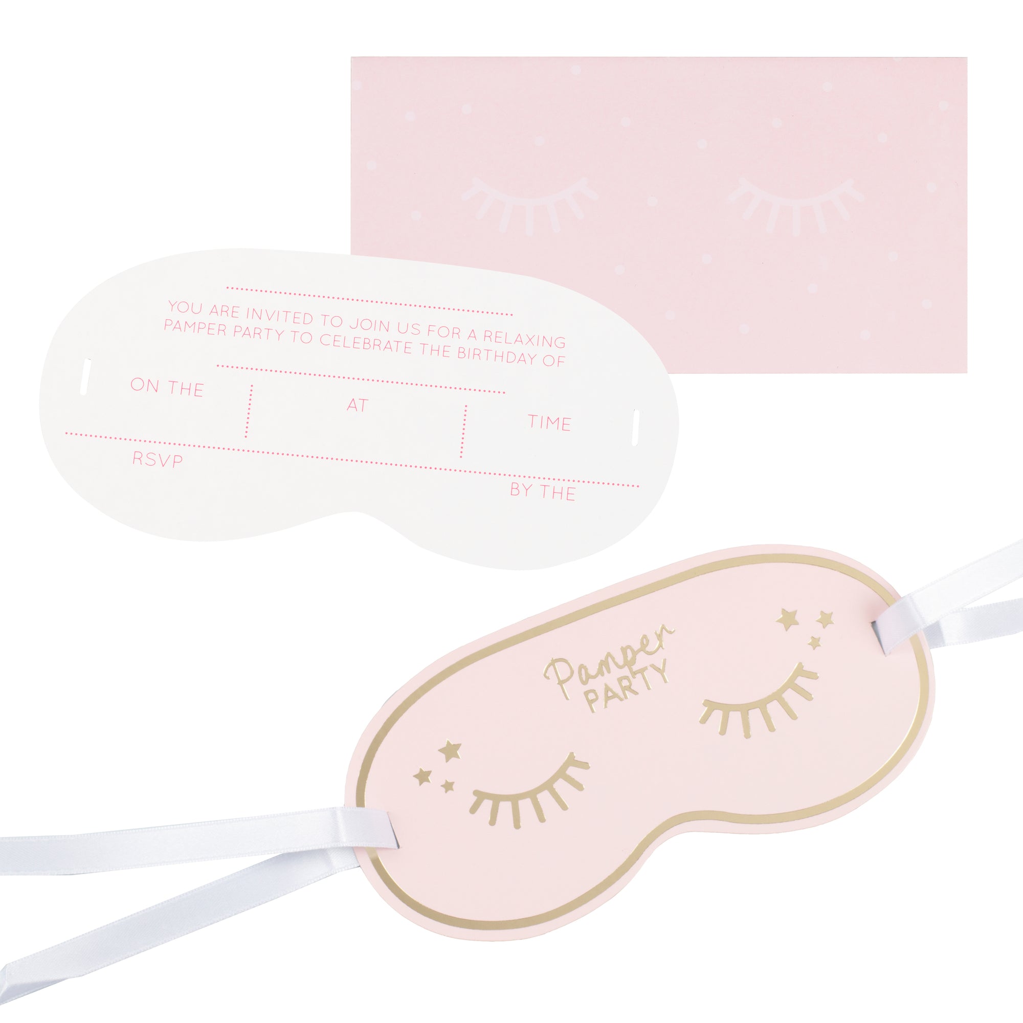 Pink pamper party with gold eyelash design invitations 