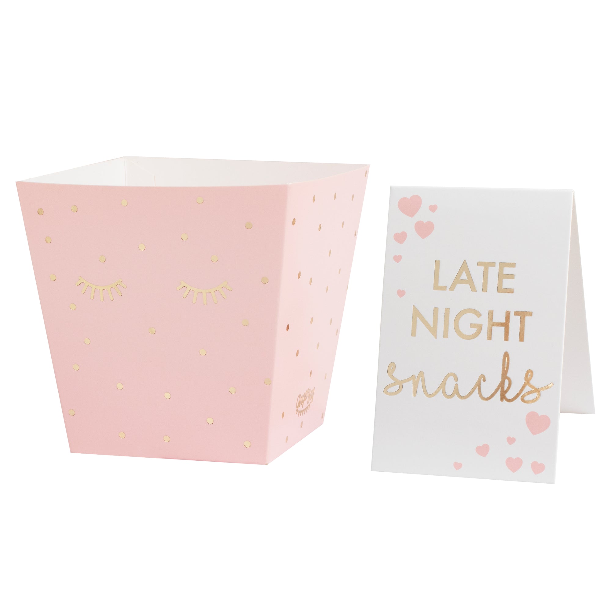 Pink and gold pamper party late night snack box.