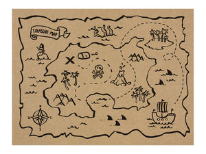 rectangle treasure map place mats in brown with black illustration for Pirate themed birthday party for girls and boys party or birthday parties from la di dah