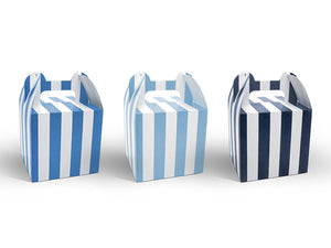 Square striped party boxes in white and blue for aeroplane themed birthday party for girls and boys party or birthday parties from la di dah