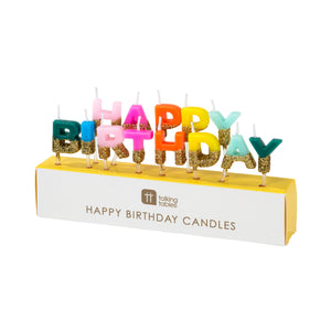 13 Individual rainbow colour candles dipped in gold glitter  with the letters Happy Birthday