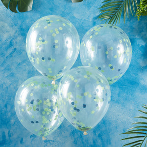 Clear balloons with blue and green confetti inside.