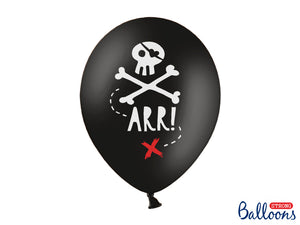 Black balloons with white illustration of skull and bones and the word arr with a red cross for Pirate themed birthday party for girls and boys party or birthday parties from la di dah