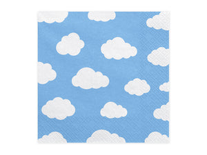 square paper napkins with light blue background with white clouds for aeroplane themed birthday party for girls and boys party or birthday parties from la di dah