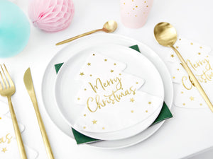 Christmas party table setting with Christmas tree shaped napkin with gold details. 