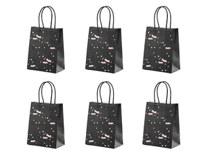 Six black halloween party bags with pink bat design with pale pink and gold stars