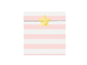 pink and white striped paper party bags with gold sticky labels for mermaid themed birthday party for girls and boys party or birthday parties from la di dah