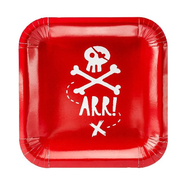 Red and white square pirate themed party paper plates. 