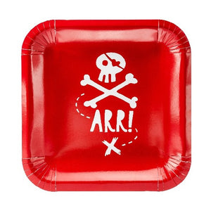 Red and white square pirate themed party paper plates. 