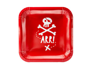  red paper plates with white illustration of skull and bones and the word arrPirate themed birthday party for girls and boys party or birthday parties from la di dah