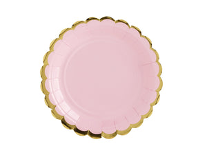 La di dah London pastel party, pale pink party plate with scallop edge gold rim. Birthday party decorations. 