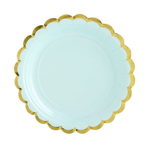 Mint green paper party plate with gold scalloped edge.