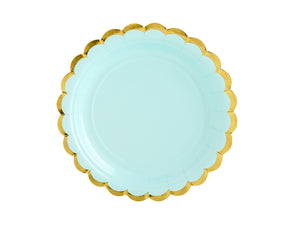 La di dah London pastel party, pale blue party plate with scallop edge gold rim. Birthday party decorations. 