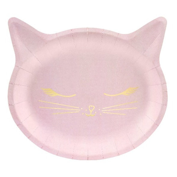 Pink cat shaped paper party plate with gold foil detail.