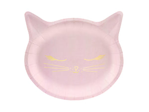 Pink cat plate with gold cat illustration. Children's birthday party decorations. Girls and boys birthday cat party.