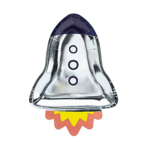 Silver rocket shaped paper party plate.