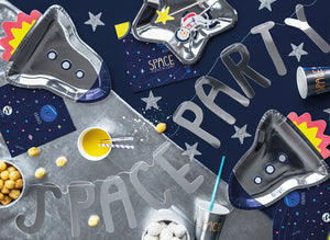 Space party garland, space party rocket plates, cups and napkins.