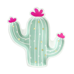 Green cactus shaped paper plates with pink flowers.