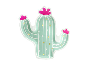 Llama party cactus plate in green and white with pink followers. 